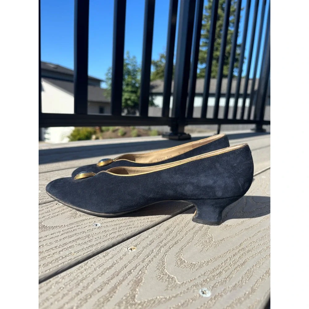 Salvatore Ferragamo Navy Suede Low Heel Pumps with Gold Accent